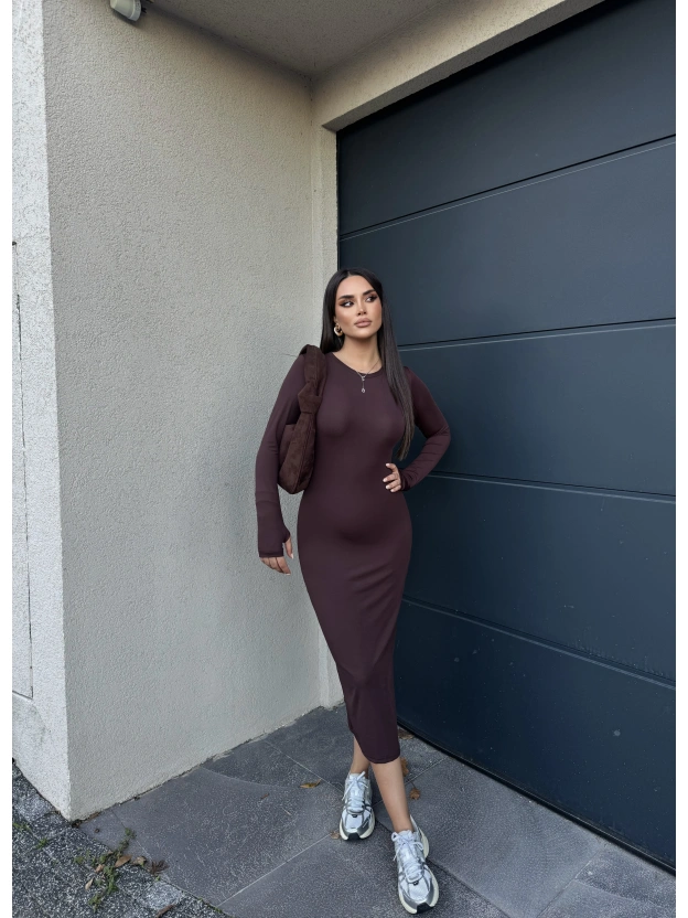 Kahverengi Bisiklet Yaka Parmak Geçirmeli Elbise