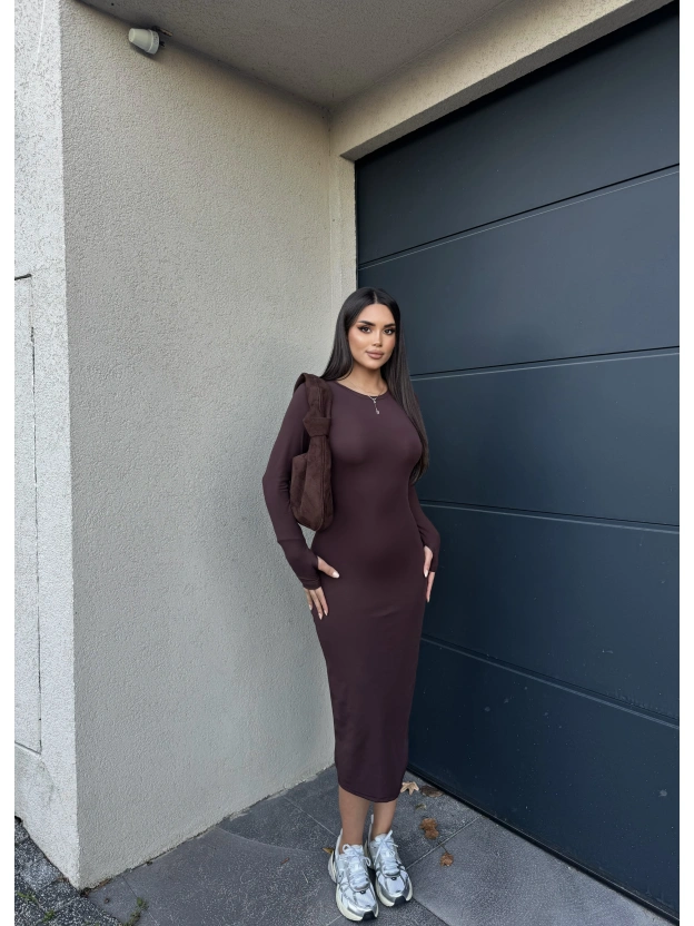 Kahverengi Bisiklet Yaka Parmak Geçirmeli Elbise