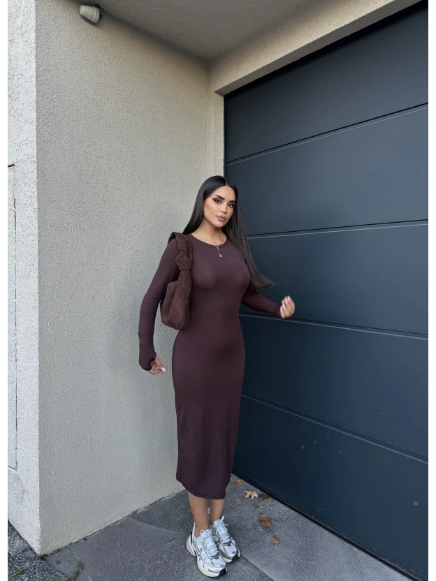 Kahverengi Bisiklet Yaka Parmak Geçirmeli Elbise