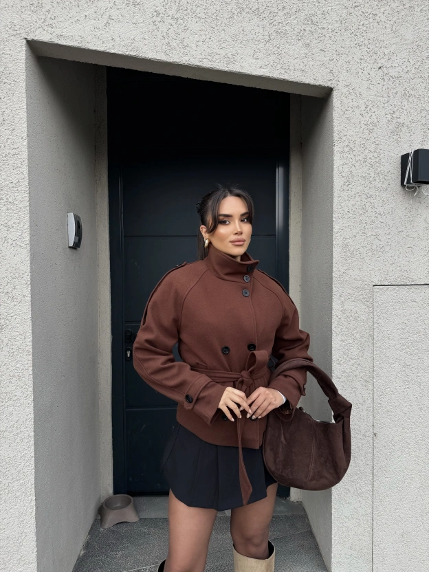 Kahverengi Dik Yaka Kaşe Mont