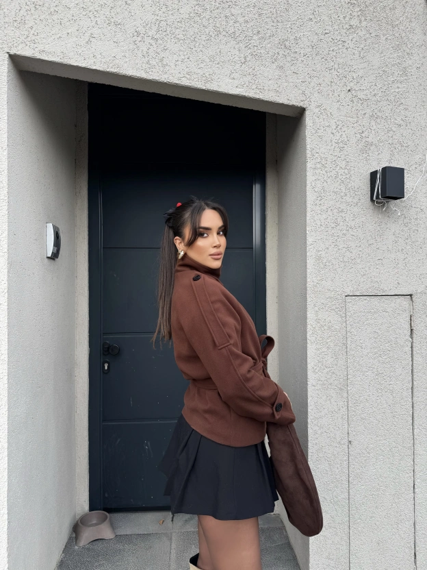 Kahverengi Dik Yaka Kaşe Mont