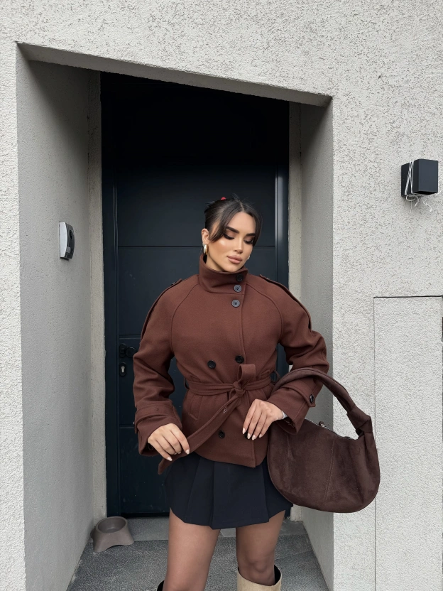 Kahverengi Dik Yaka Kaşe Mont