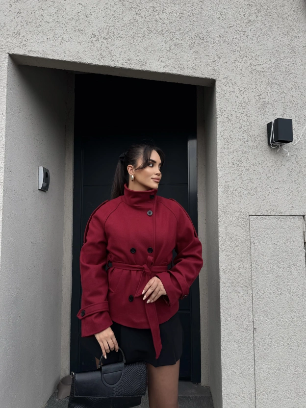 Bordo Dik Yaka Kaşe Mont
