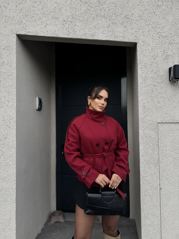 Bordo Dik Yaka Kaşe Mont