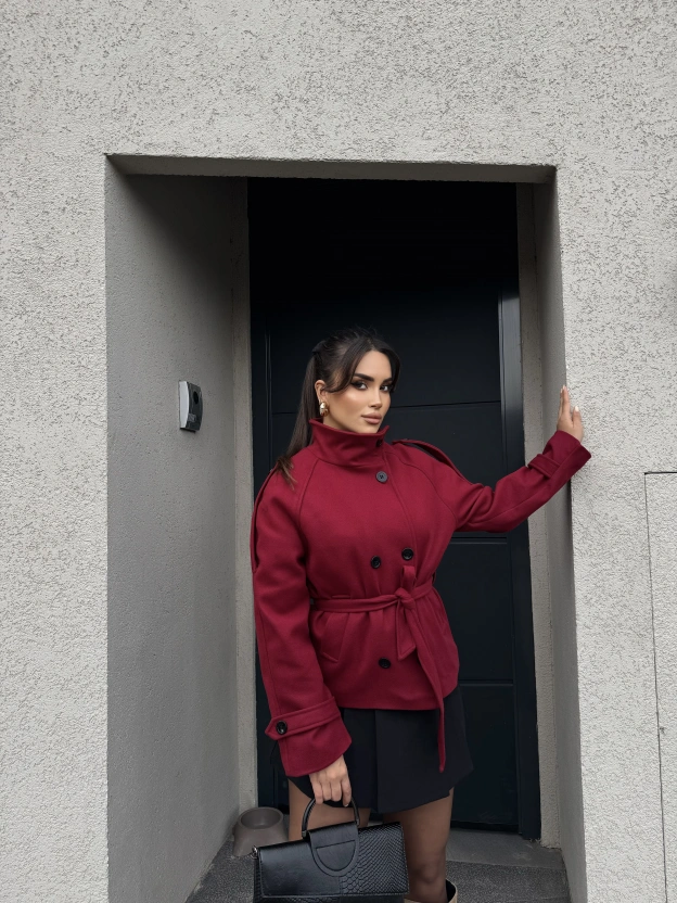 Bordo Dik Yaka Kaşe Mont