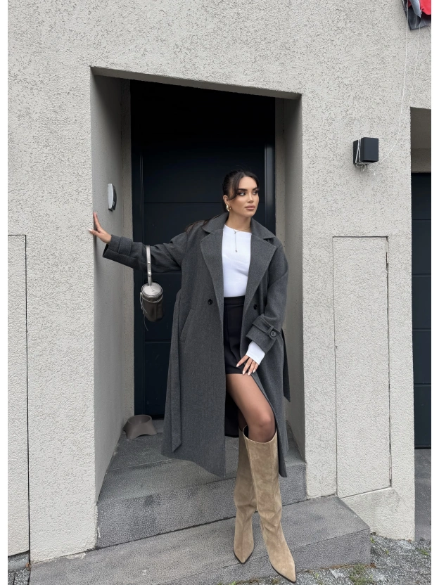 Antrasit Uzun Kuşaklı Kaşe Kaban