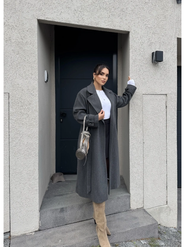 Antrasit Uzun Kuşaklı Kaşe Kaban