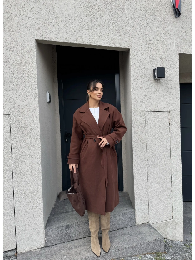 Kahverengi Uzun Kuşaklı Kaşe Kaban