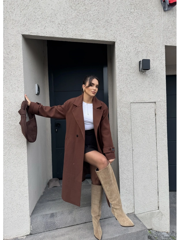 Kahverengi Uzun Kuşaklı Kaşe Kaban