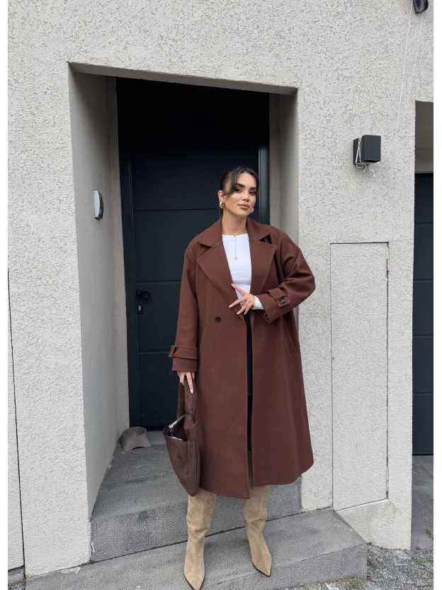 Kahverengi Uzun Kuşaklı Kaşe Kaban