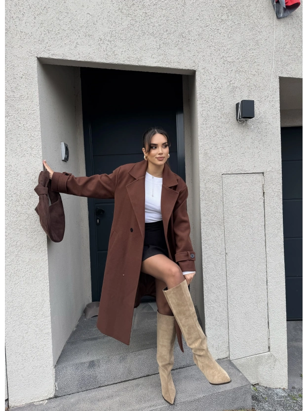 Kahverengi Uzun Kuşaklı Kaşe Kaban