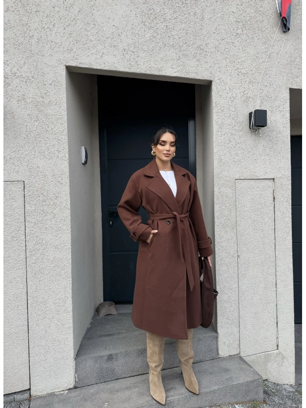 Kahverengi Uzun Kuşaklı Kaşe Kaban