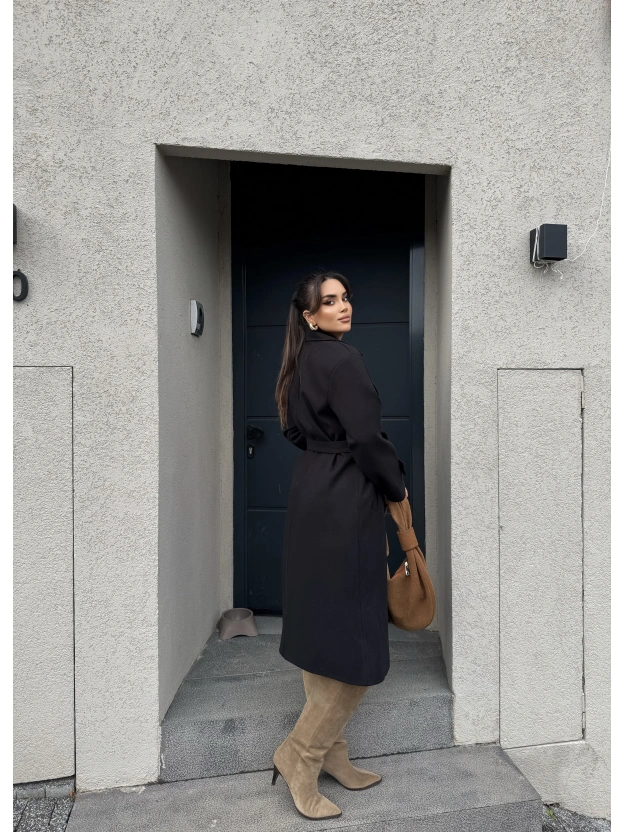 Siyah Uzun Kuşaklı Kaşe Kaban