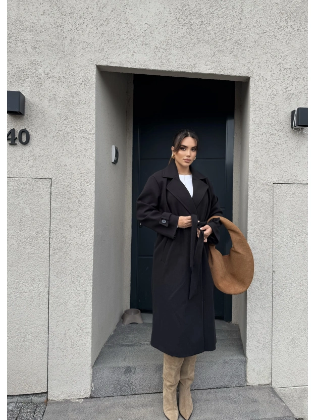 Siyah Uzun Kuşaklı Kaşe Kaban