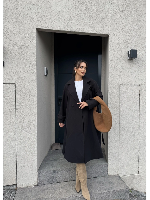 Siyah Uzun Kuşaklı Kaşe Kaban