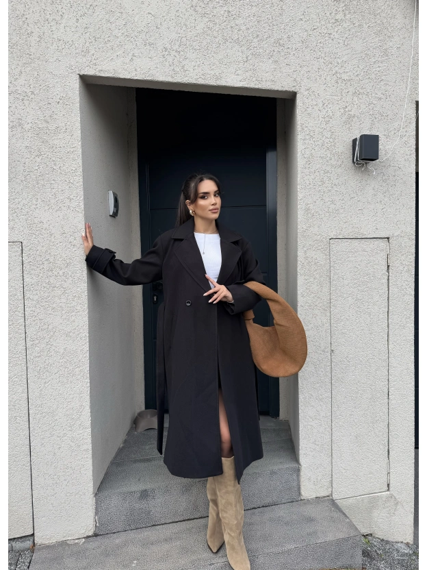 Siyah Uzun Kuşaklı Kaşe Kaban