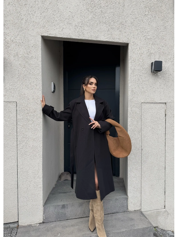 Siyah Uzun Kuşaklı Kaşe Kaban