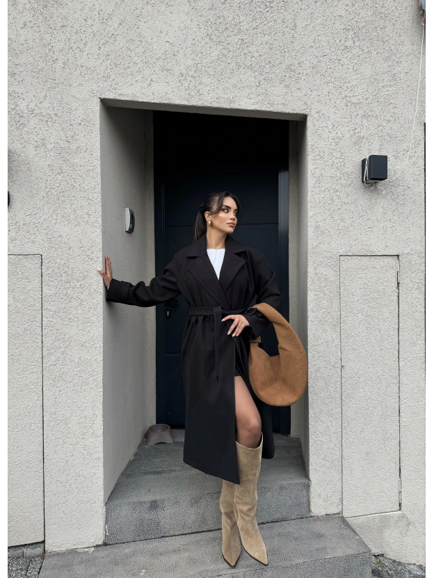 Siyah Uzun Kuşaklı Kaşe Kaban