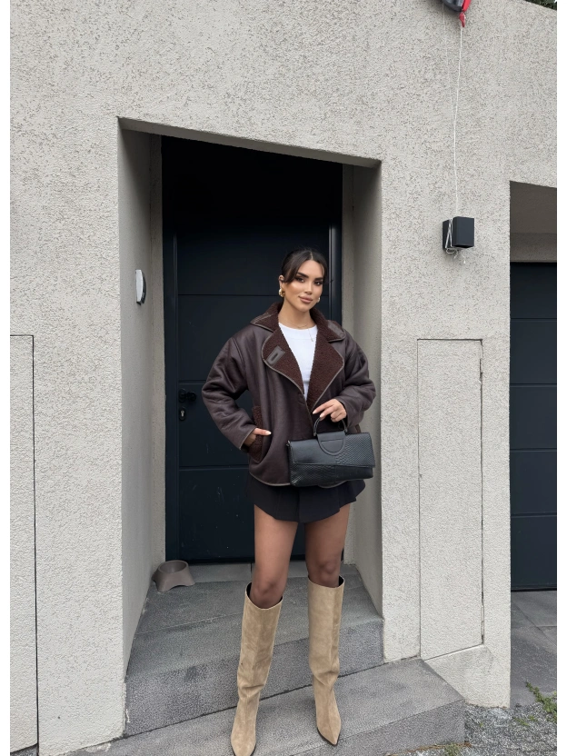 Kahverengi Lamine Peluş Mont