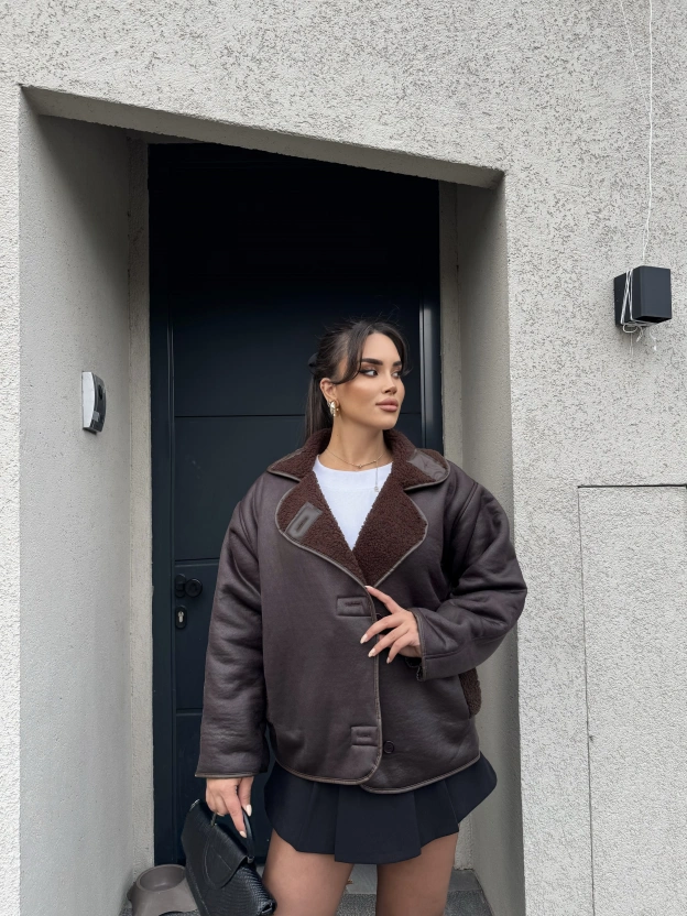 Kahverengi Lamine Peluş Mont