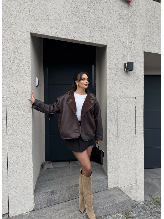 Kahverengi Lamine Peluş Mont