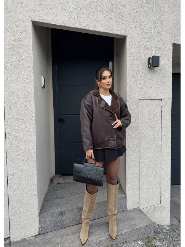 Kahverengi Lamine Peluş Mont