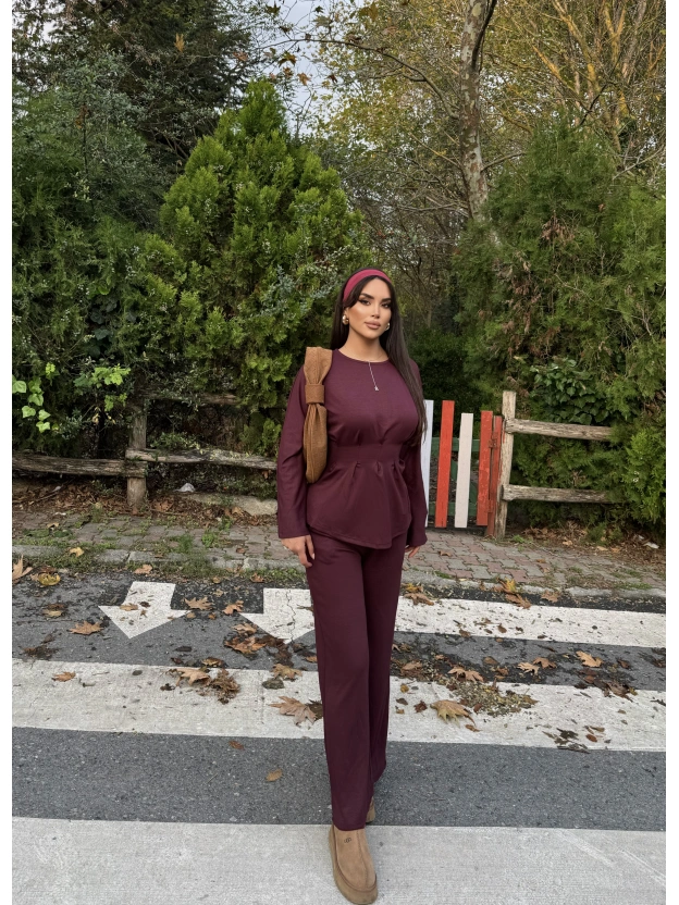 Bordo Modal Pileli Salaş Takım