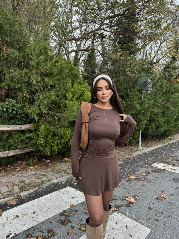 Kahverengi Bisiklet Yaka Volanlı Elbise