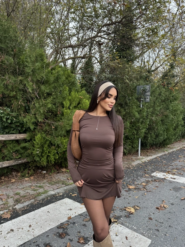 Kahverengi Bisiklet Yaka Volanlı Elbise