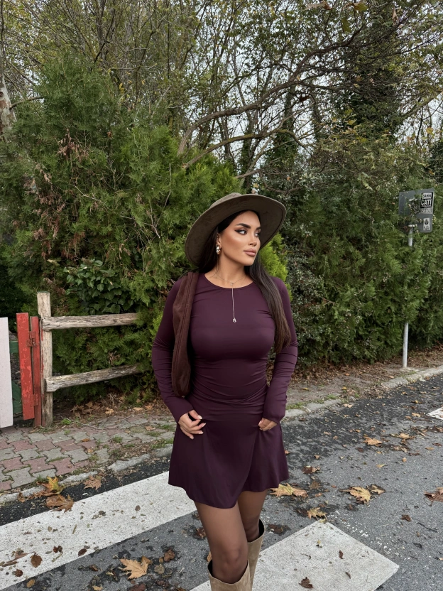 Mürdüm Bisiklet Yaka Volanlı Elbise