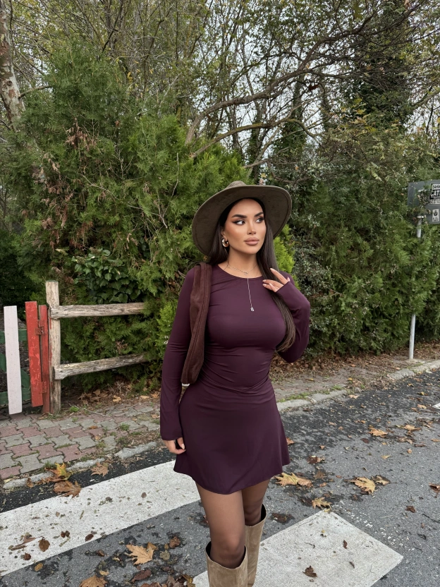 Mürdüm Bisiklet Yaka Volanlı Elbise