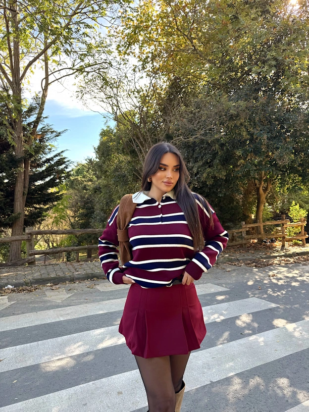 Bordo Pileli Kemerli Şort Etek