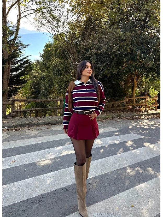 Bordo Pileli Kemerli Şort Etek