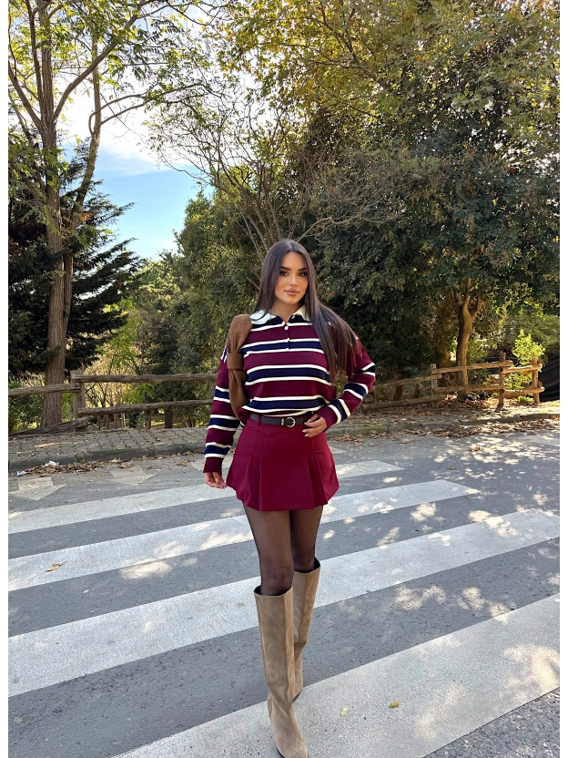 Bordo Pileli Kemerli Şort Etek