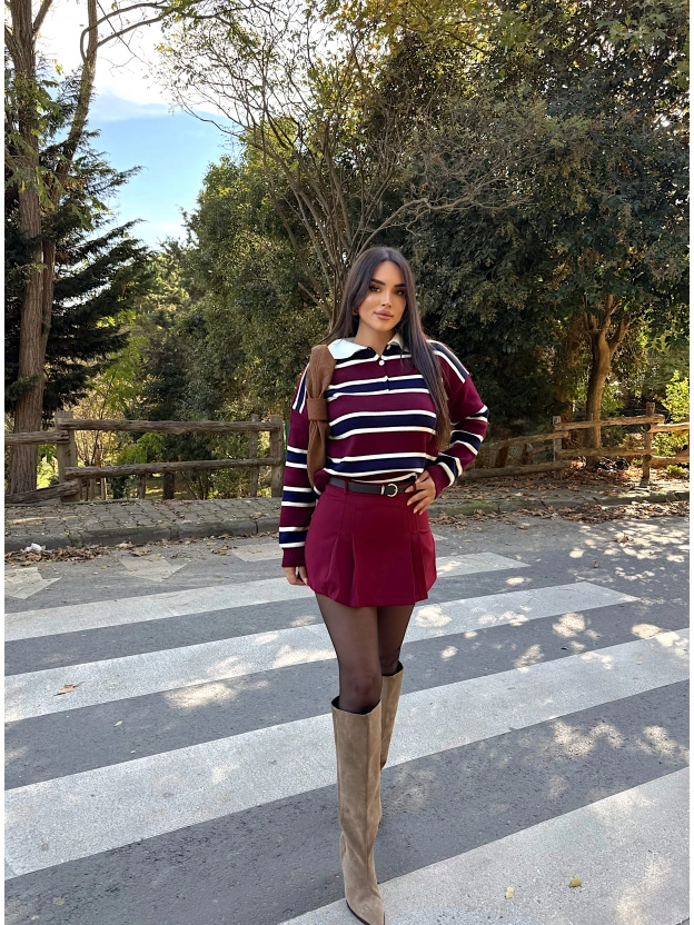 Bordo Pileli Kemerli Şort Etek