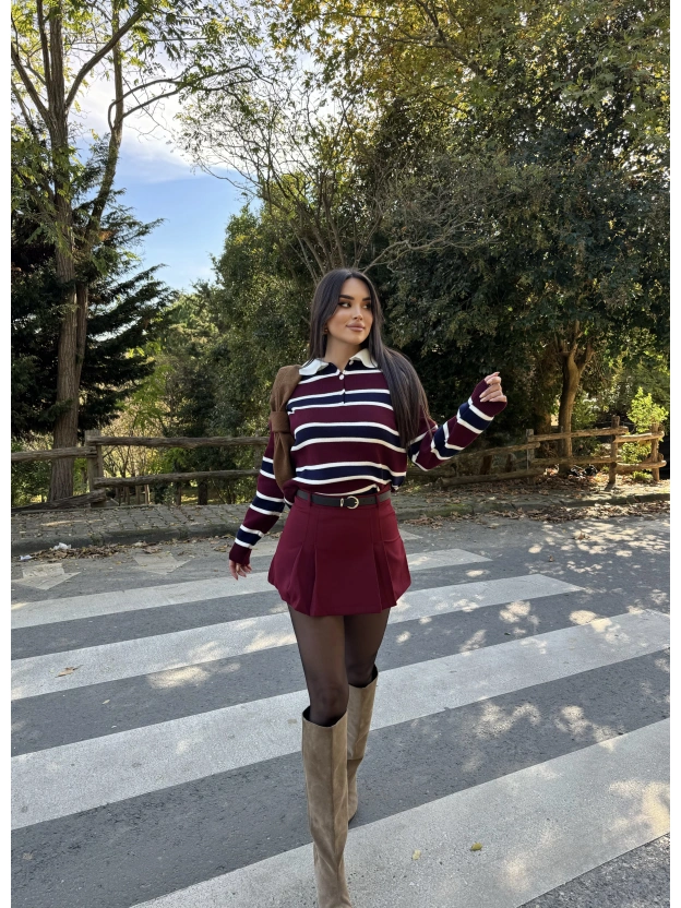 Polo Yaka Bordo Lacivert Çizgili Triko Kazak