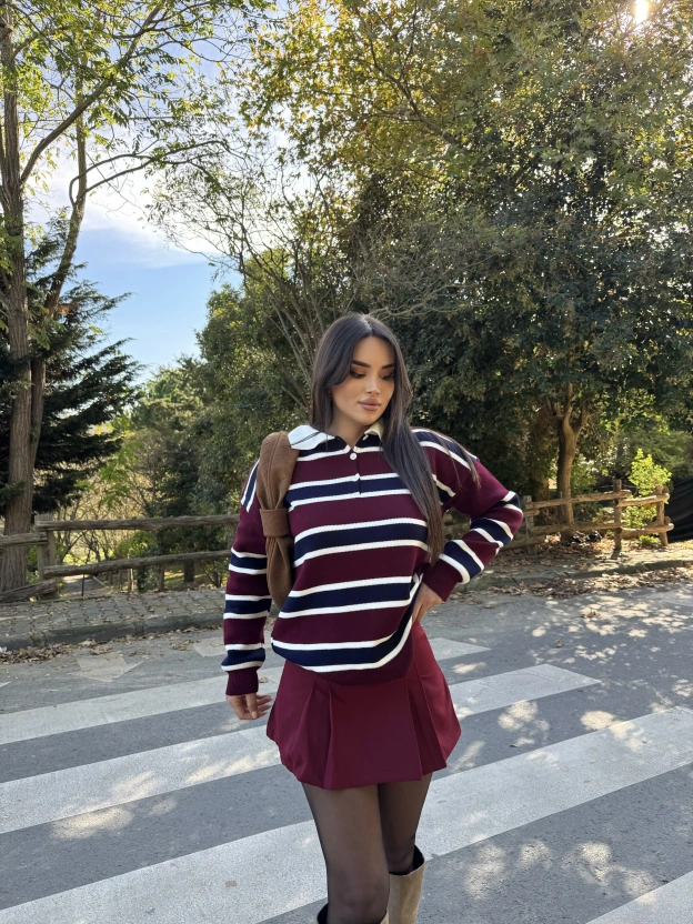 Polo Yaka Bordo Lacivert Çizgili Triko Kazak