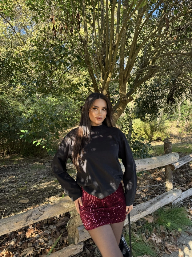 Bordo Payetli Şort Etek