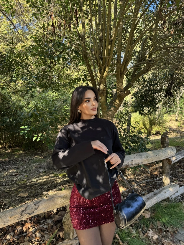 Bordo Payetli Şort Etek