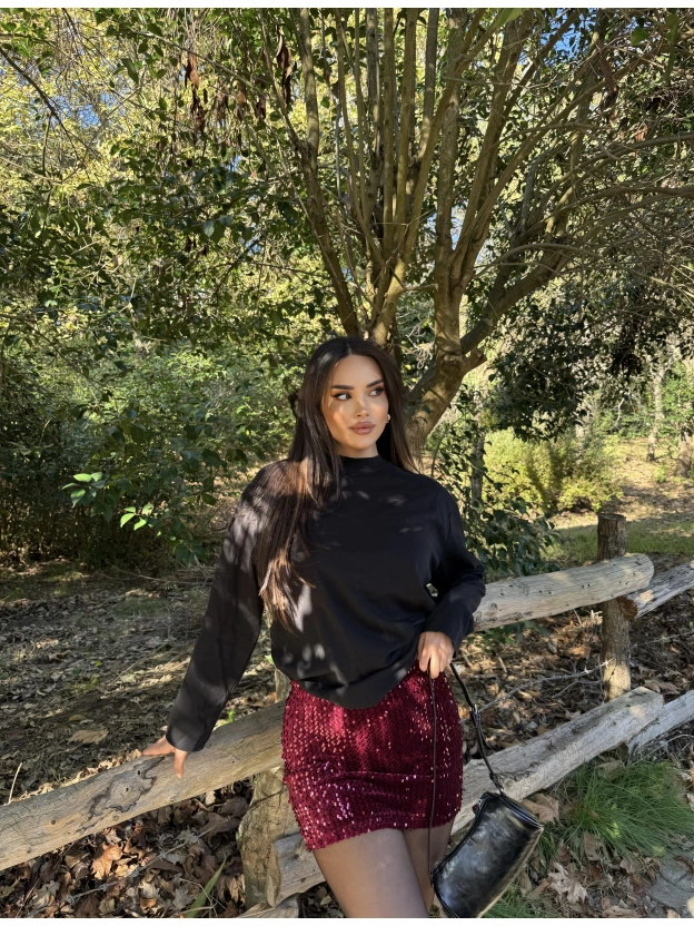 Bordo Payetli Şort Etek