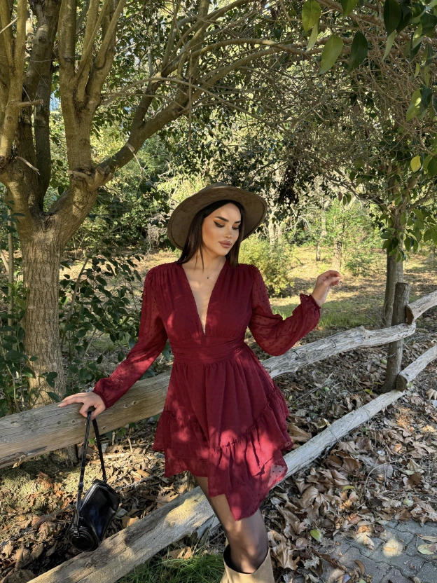 Bordo V Yaka Güpürlü Elbise