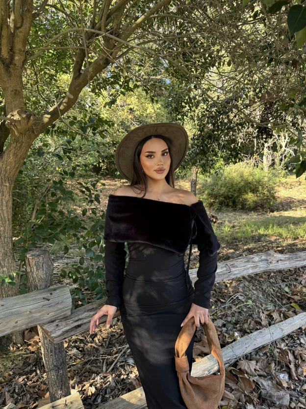 Siyah Kürk Detay Tasarım Madonna Elbise