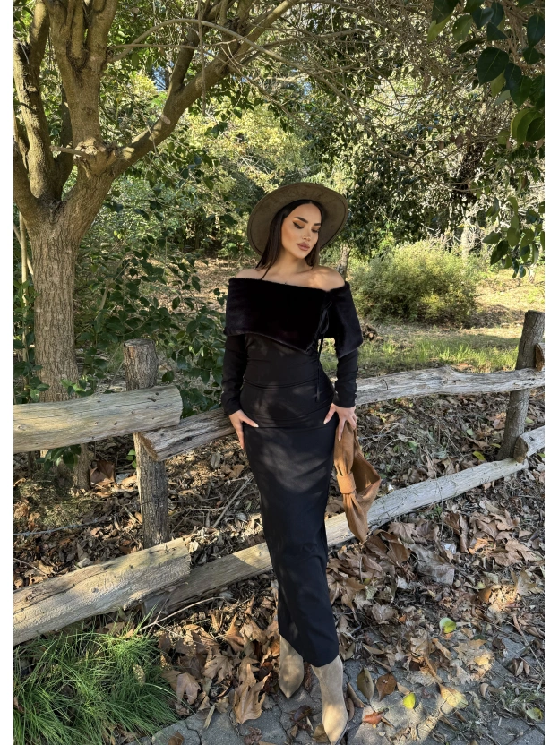 Siyah Kürk Detay Tasarım Madonna Elbise