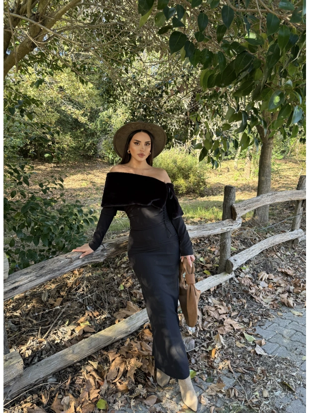 Siyah Kürk Detay Tasarım Madonna Elbise