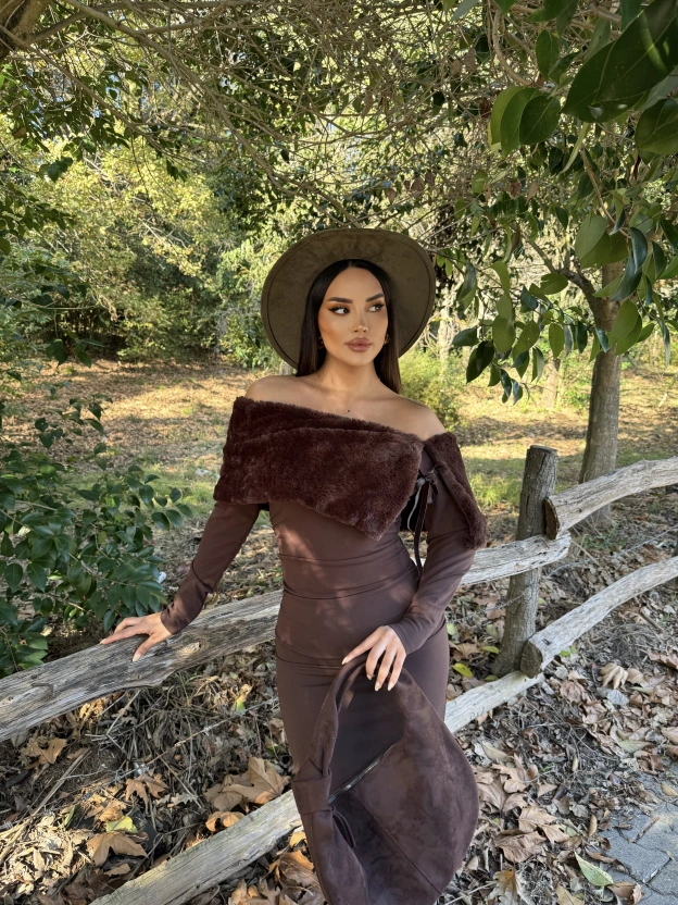Kahverengi Kürk Detay Tasarım Madonna Elbise