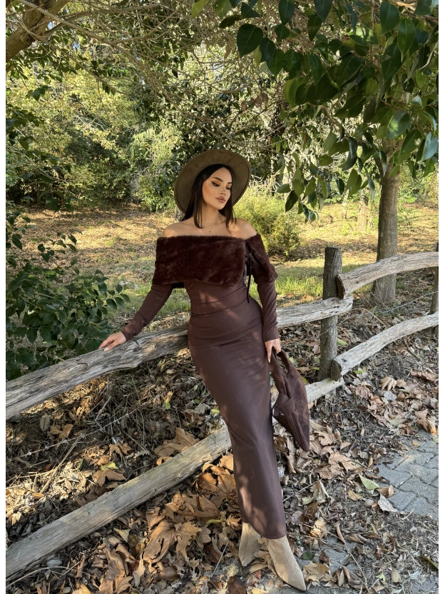 Kahverengi Kürk Detay Tasarım Madonna Elbise