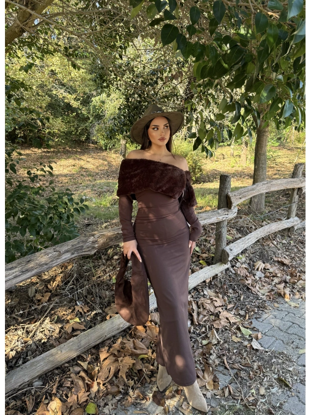 Kahverengi Kürk Detay Tasarım Madonna Elbise