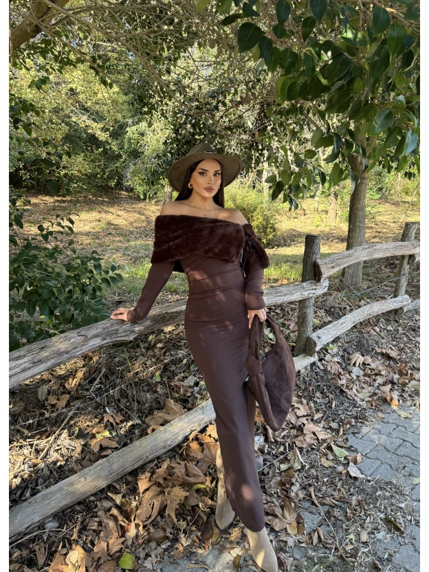 Kahverengi Kürk Detay Tasarım Madonna Elbise