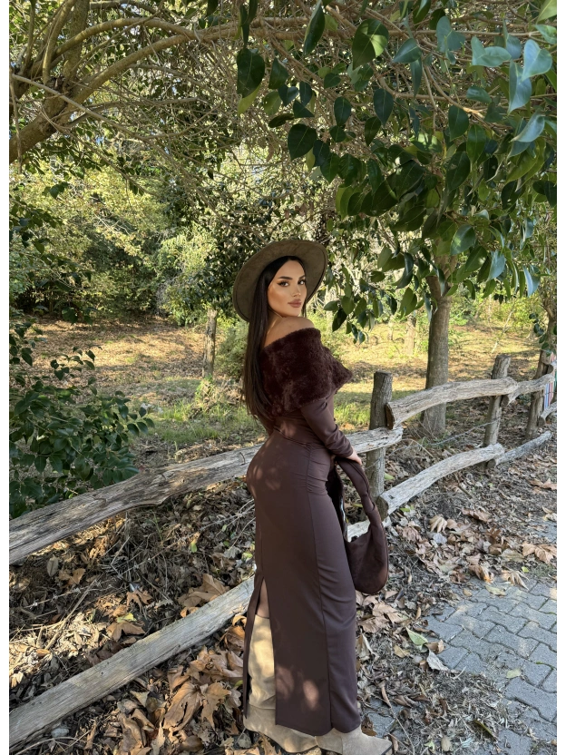 Kahverengi Kürk Detay Tasarım Madonna Elbise