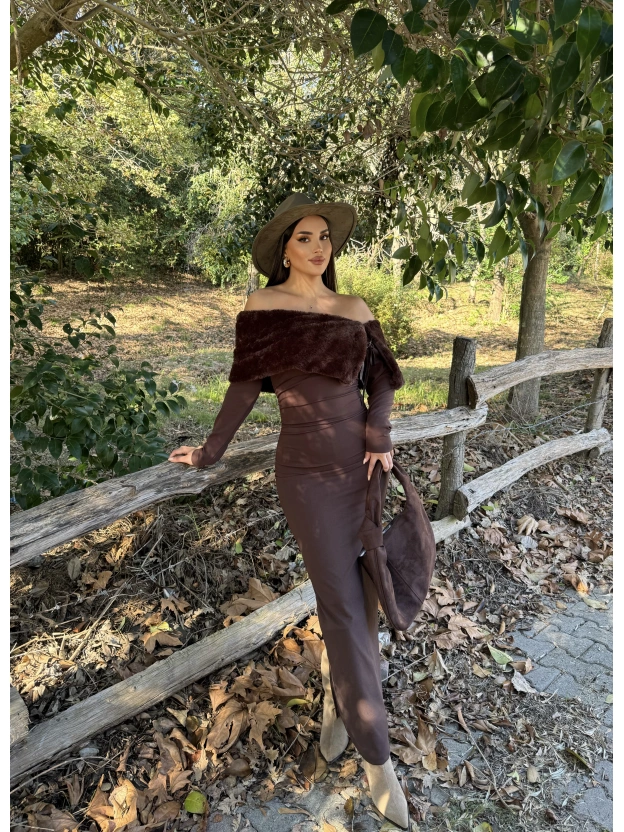 Kahverengi Kürk Detay Tasarım Madonna Elbise